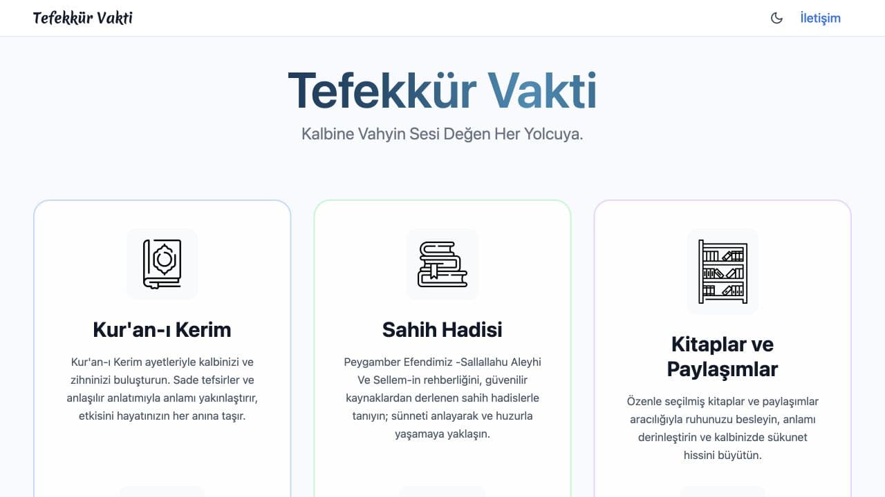 Tefekkür Vakti homepage showing structured Qur’an, authentic Hadith, and books content areas.